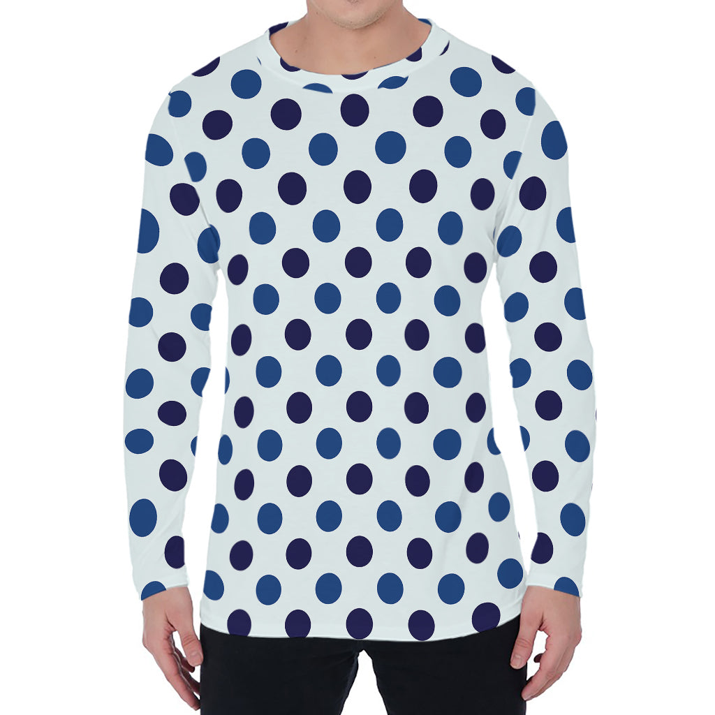 White And Blue Polka Dot Pattern Print Men's Long Sleeve T-Shirt