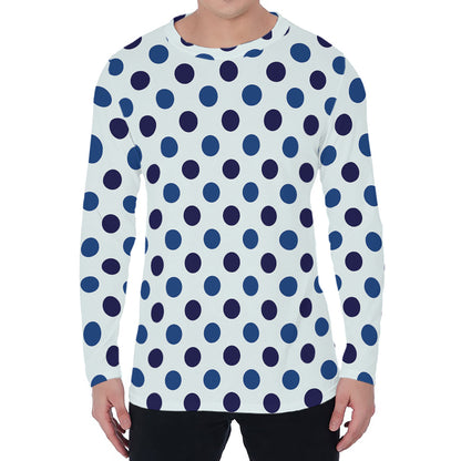 White And Blue Polka Dot Pattern Print Men's Long Sleeve T-Shirt