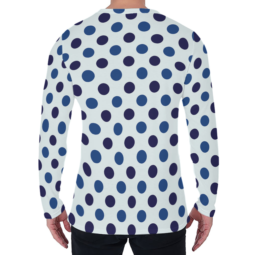 White And Blue Polka Dot Pattern Print Men's Long Sleeve T-Shirt