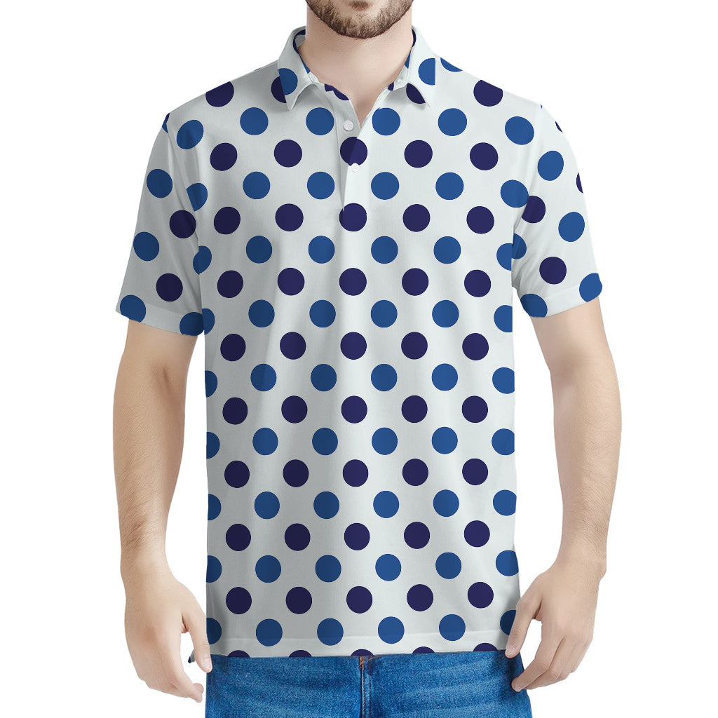 White And Blue Polka Dot Pattern Print Men's Polo Shirt