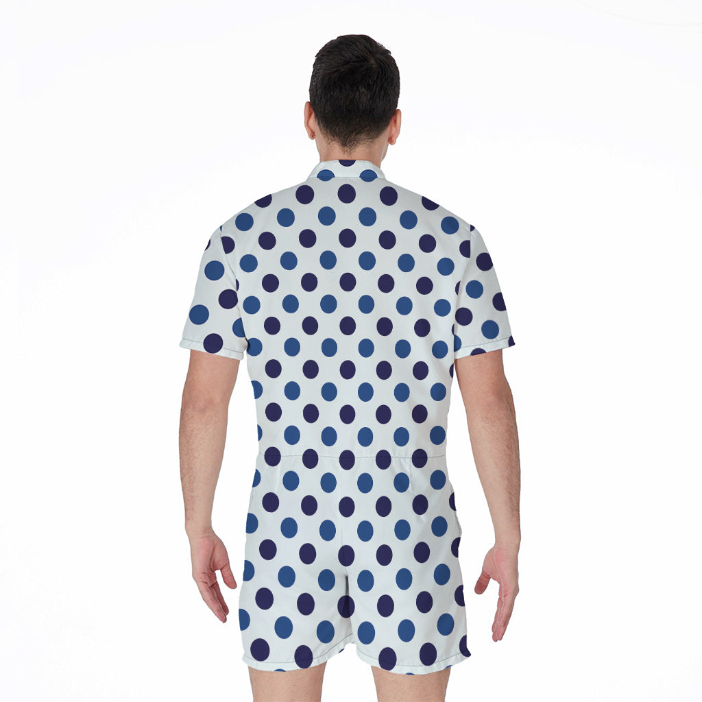 White And Blue Polka Dot Pattern Print Men's Rompers