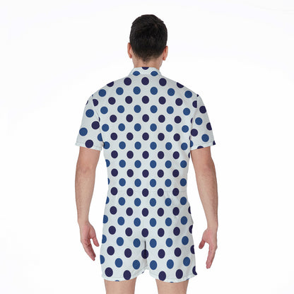 White And Blue Polka Dot Pattern Print Men's Rompers