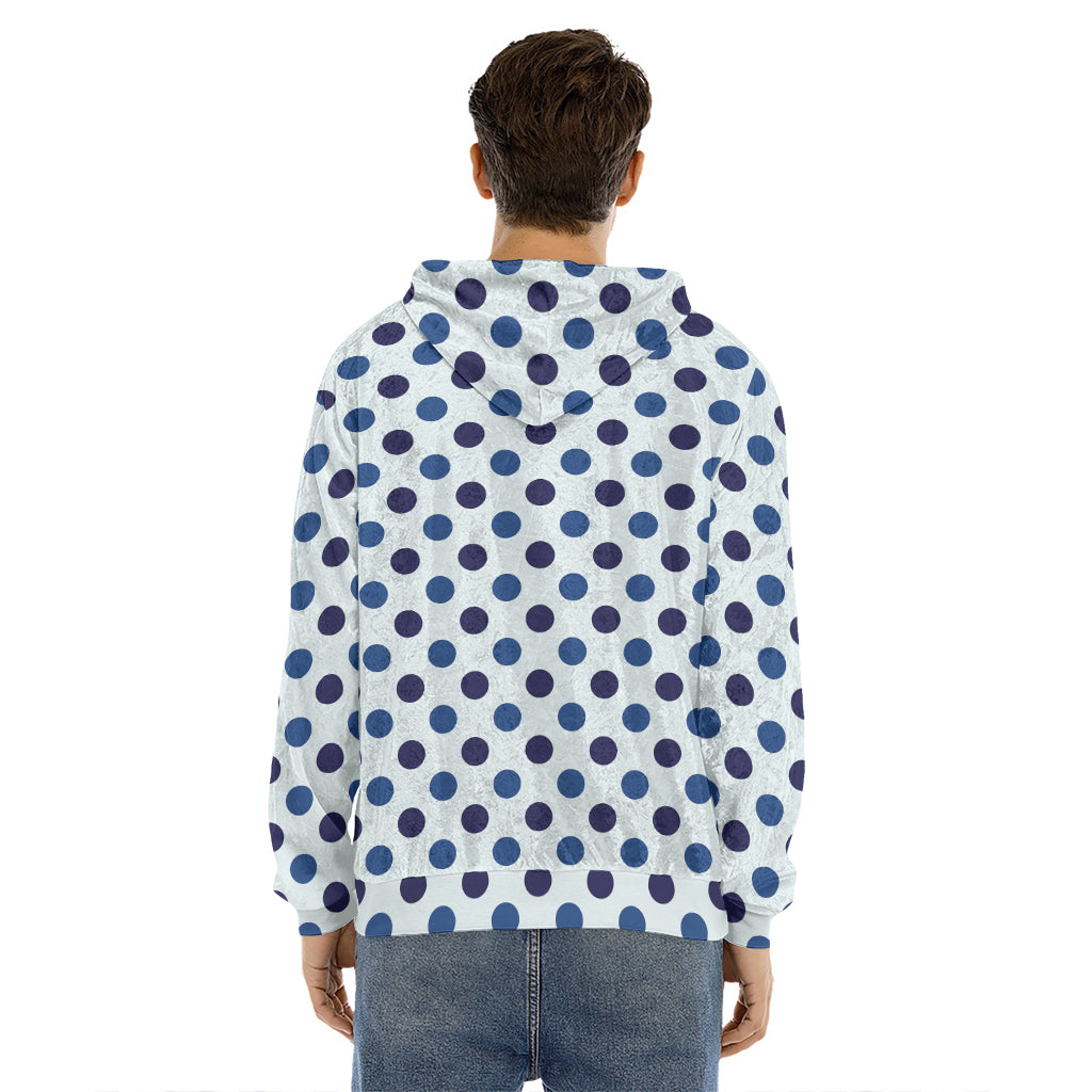 White And Blue Polka Dot Pattern Print Men's Velvet Pullover Hoodie