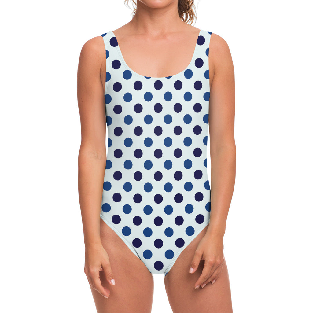 White And Blue Polka Dot Pattern Print One Piece Swimsuit