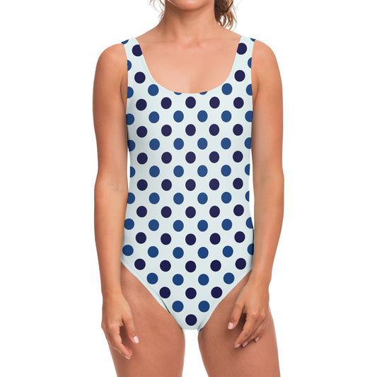 White And Blue Polka Dot Pattern Print One Piece Swimsuit