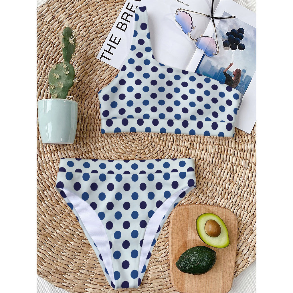 White And Blue Polka Dot Pattern Print One Shoulder Bikini Top