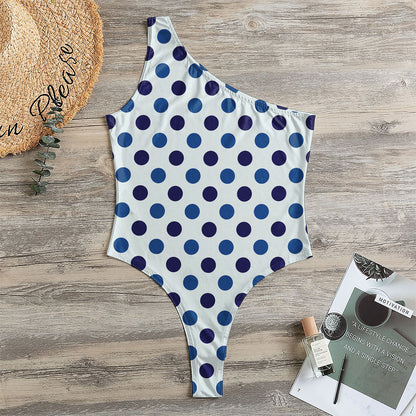White And Blue Polka Dot Pattern Print One Shoulder Bodysuit