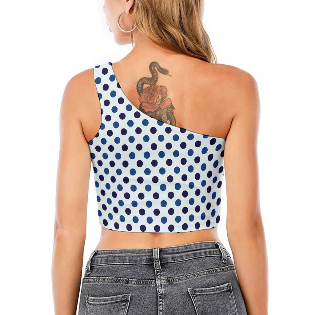 White And Blue Polka Dot Pattern Print One Shoulder Crop Top