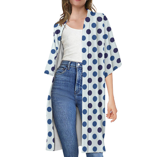 White And Blue Polka Dot Pattern Print Open Front Beach Cover Up