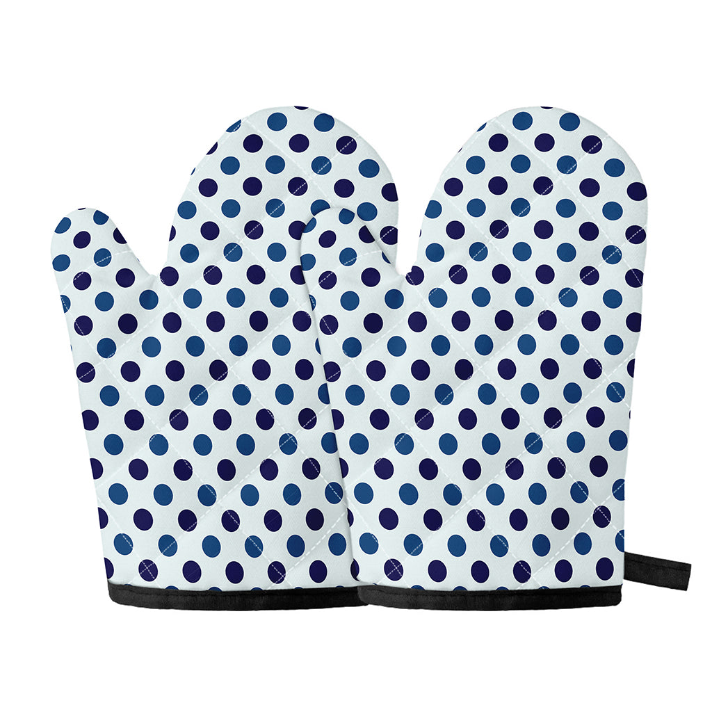 White And Blue Polka Dot Pattern Print Oven Mitts