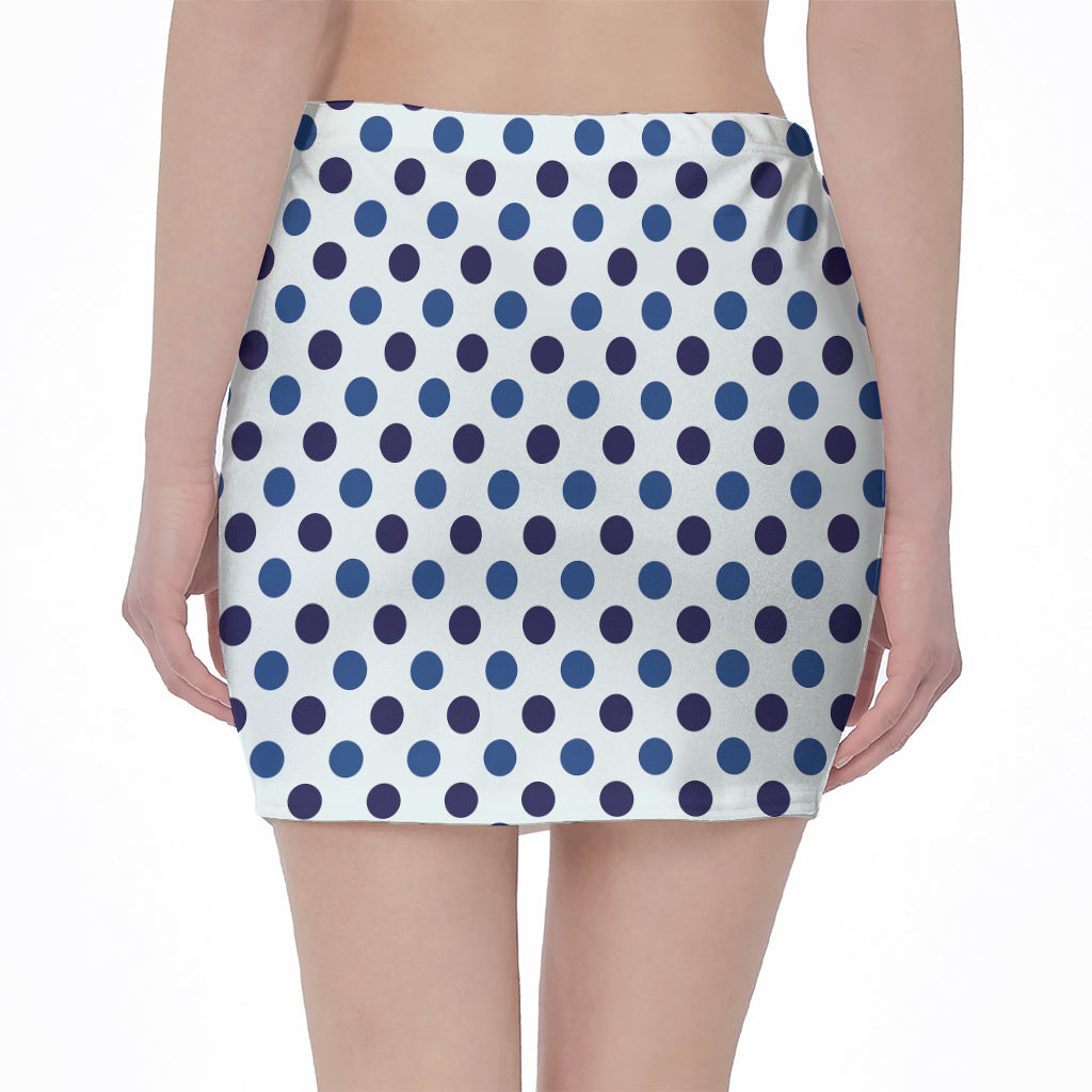 White And Blue Polka Dot Pattern Print Pencil Mini Skirt