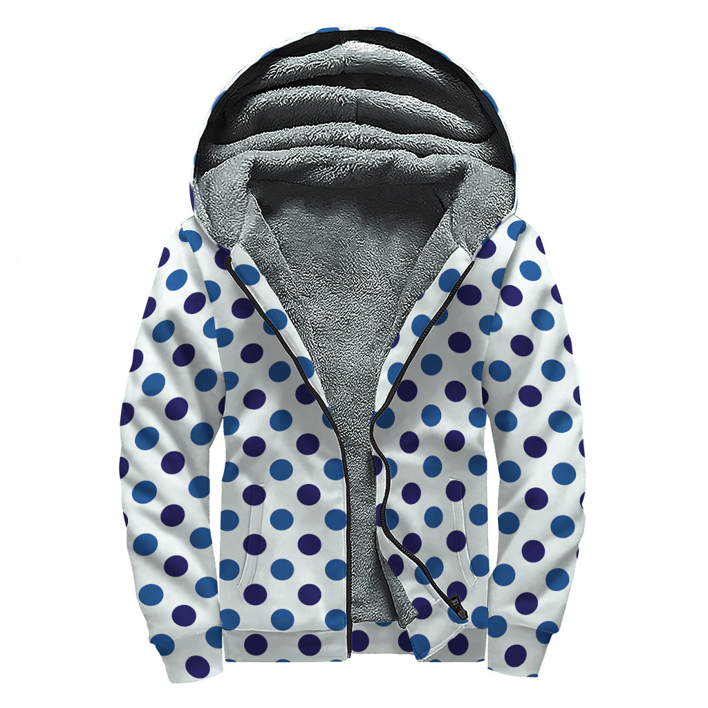 White And Blue Polka Dot Pattern Print Sherpa Lined Zip Up Hoodie