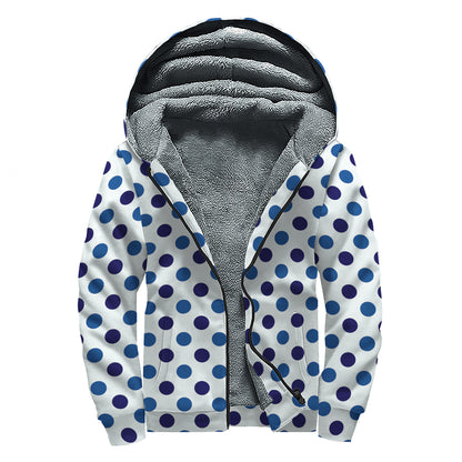 White And Blue Polka Dot Pattern Print Sherpa Lined Zip Up Hoodie
