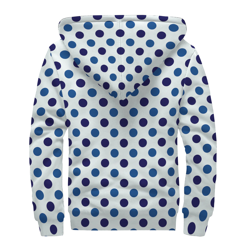 White And Blue Polka Dot Pattern Print Sherpa Lined Zip Up Hoodie