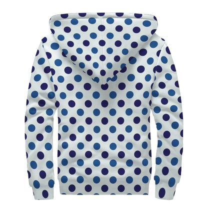 White And Blue Polka Dot Pattern Print Sherpa Lined Zip Up Hoodie