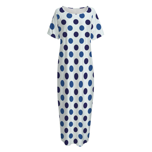 White And Blue Polka Dot Pattern Print Short Sleeve Long Nightdress