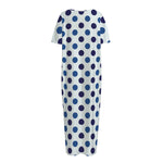 White And Blue Polka Dot Pattern Print Short Sleeve Long Nightdress