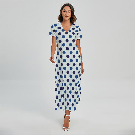 White And Blue Polka Dot Pattern Print Short Sleeve Maxi Dress