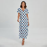 White And Blue Polka Dot Pattern Print Short Sleeve Maxi Dress