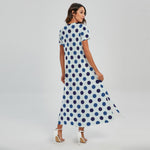 White And Blue Polka Dot Pattern Print Short Sleeve Maxi Dress