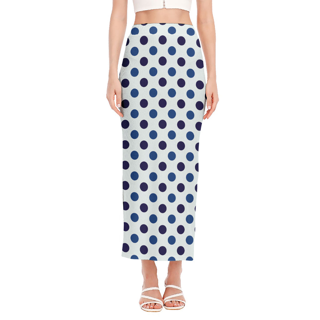 White And Blue Polka Dot Pattern Print Side Slit Maxi Skirt