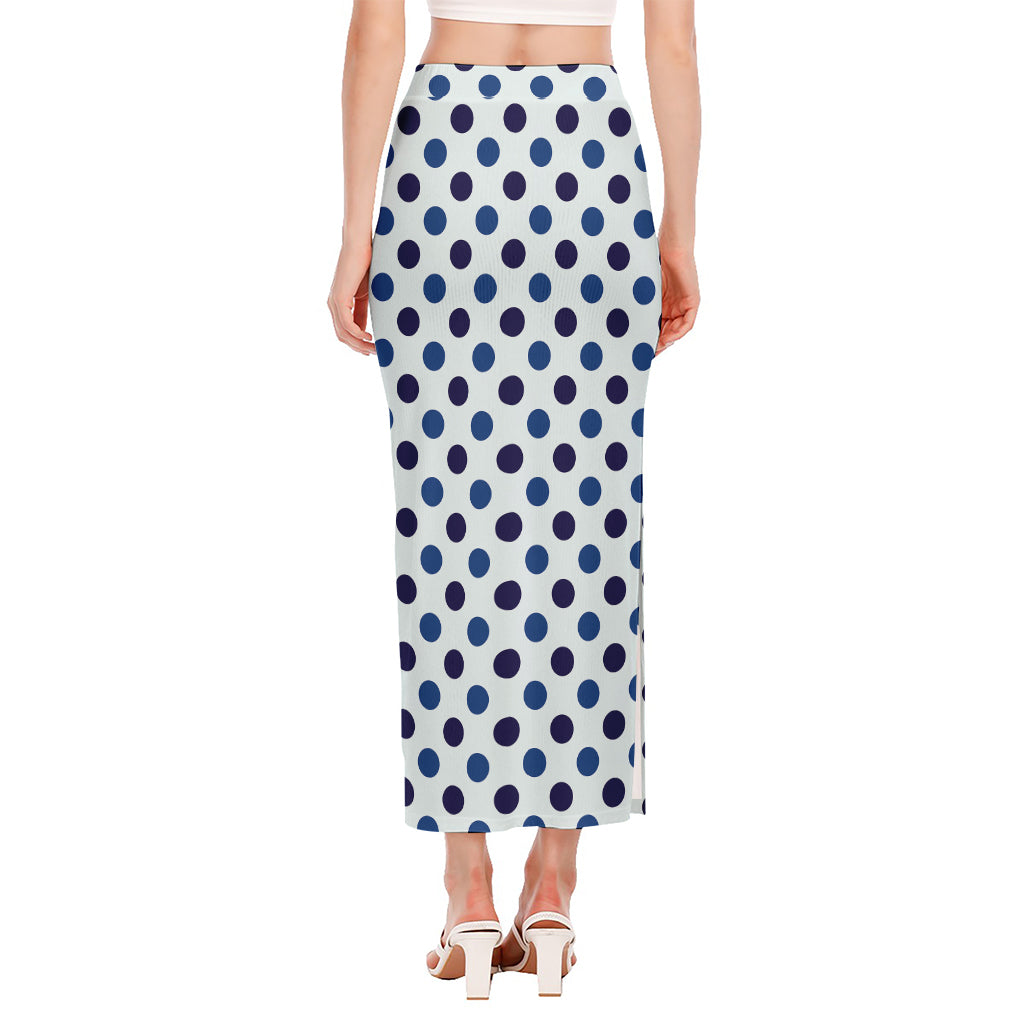 White And Blue Polka Dot Pattern Print Side Slit Maxi Skirt
