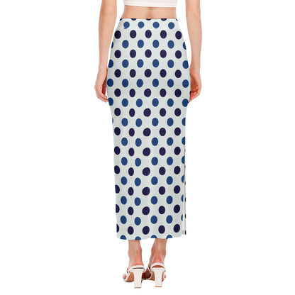 White And Blue Polka Dot Pattern Print Side Slit Maxi Skirt