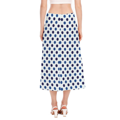 White And Blue Polka Dot Pattern Print Side Slit Midi Skirt