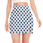 White And Blue Polka Dot Pattern Print Side Slit Mini Skirt