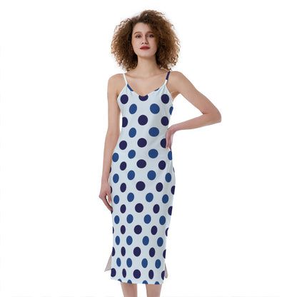 White And Blue Polka Dot Pattern Print Slim Fit Midi Cami Dress