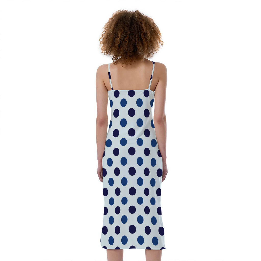 White And Blue Polka Dot Pattern Print Slim Fit Midi Cami Dress