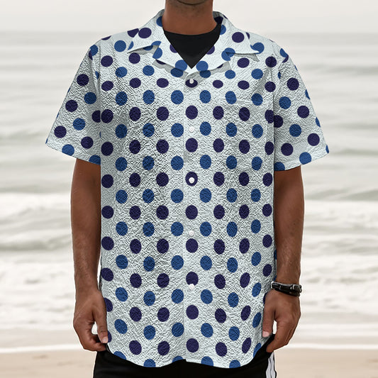 White And Blue Polka Dot Pattern Print Textured Short Sleeve Shirt