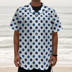 White And Blue Polka Dot Pattern Print Textured Short Sleeve Shirt
