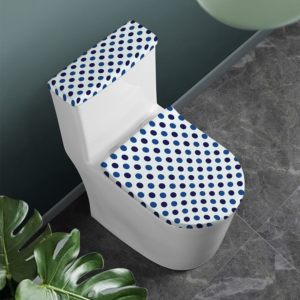 White And Blue Polka Dot Pattern Print Toilet Lid And Tank Cover Set
