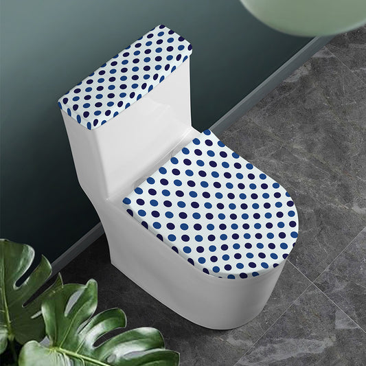 White And Blue Polka Dot Pattern Print Toilet Lid And Tank Cover Set