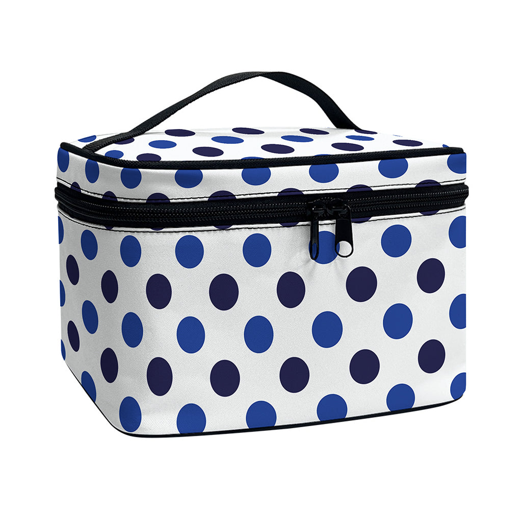 White And Blue Polka Dot Pattern Print Travel Makeup Bag