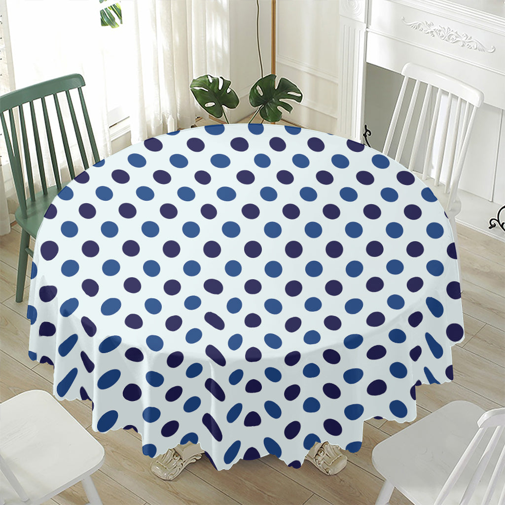 White And Blue Polka Dot Pattern Print Waterproof Round Tablecloth