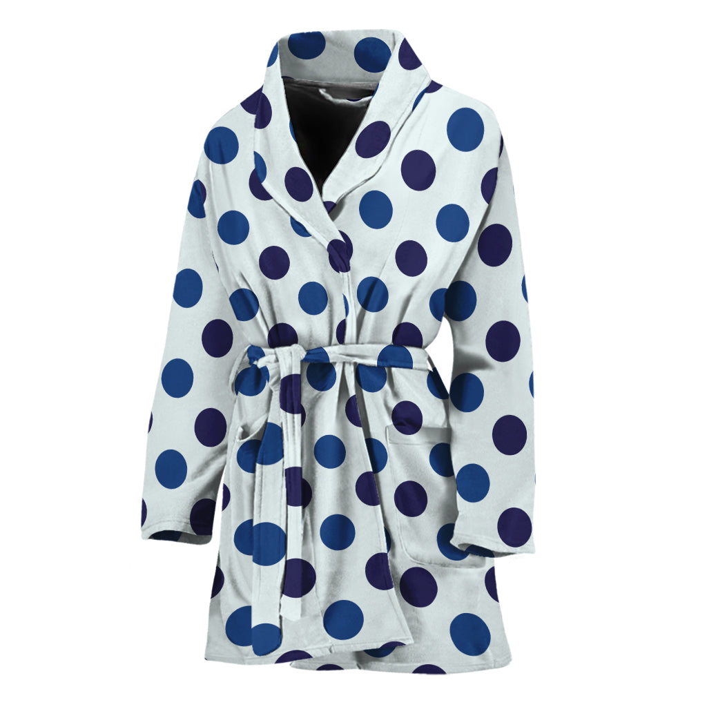 White And Blue Polka Dot Pattern Print Women's Bathrobe
