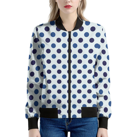 White And Blue Polka Dot Pattern Print Women's Bomber Jacket
