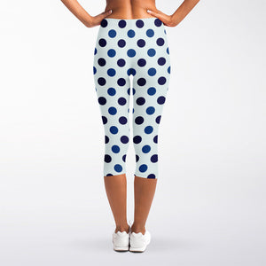 White And Blue Polka Dot Pattern Print Women's Capri Leggings
