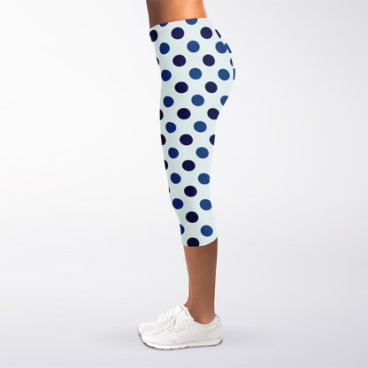 White And Blue Polka Dot Pattern Print Women's Capri Leggings