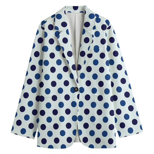 White And Blue Polka Dot Pattern Print Women's Cotton Blazer