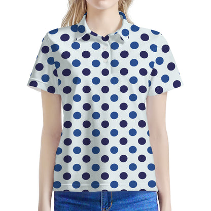 White And Blue Polka Dot Pattern Print Women's Polo Shirt