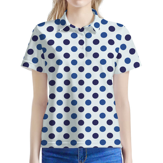 White And Blue Polka Dot Pattern Print Women's Polo Shirt