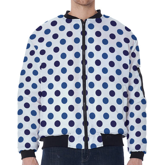 White And Blue Polka Dot Pattern Print Zip Sleeve Bomber Jacket