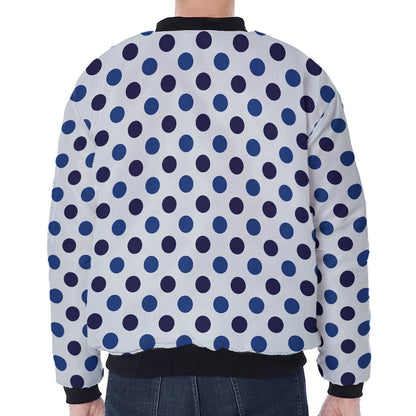 White And Blue Polka Dot Pattern Print Zip Sleeve Bomber Jacket