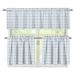 White And Blue Tattersall Pattern Print 3 Piece Kitchen Curtains