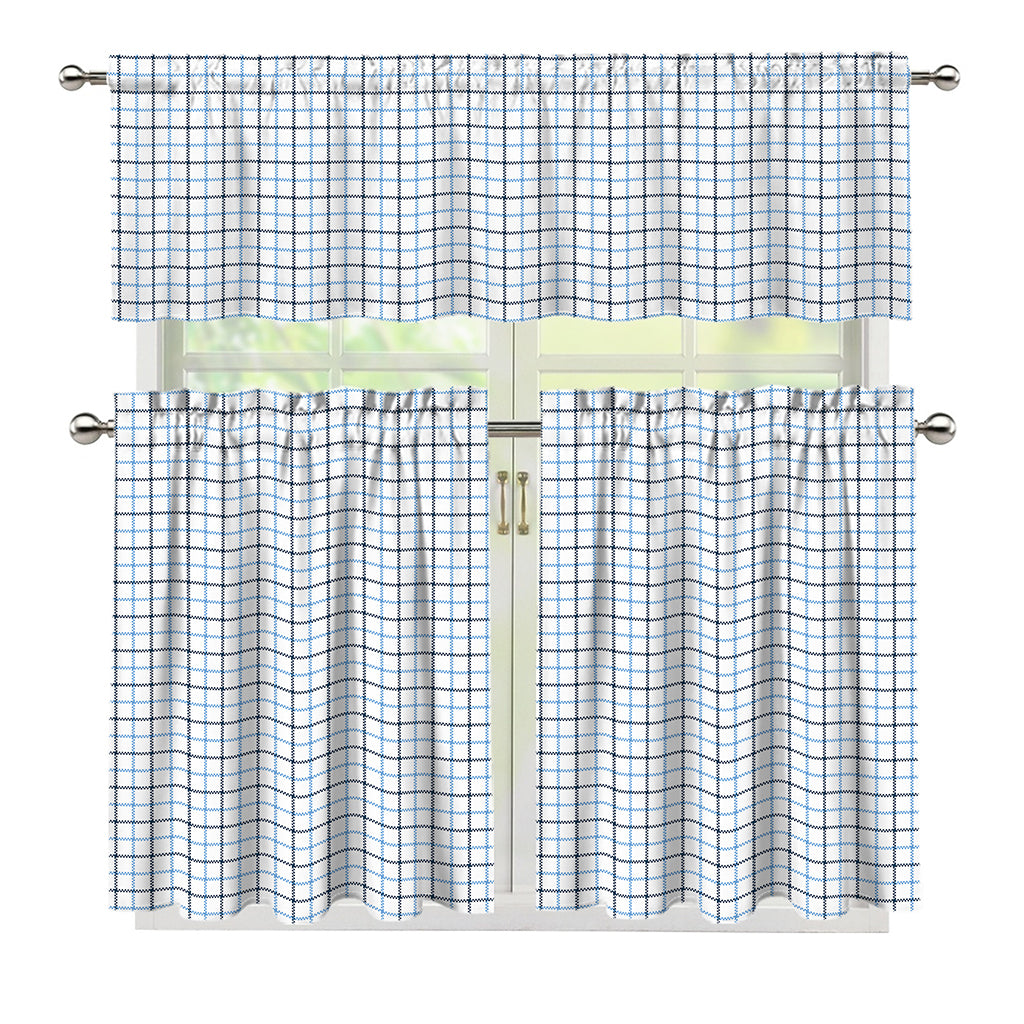 White And Blue Tattersall Pattern Print 3 Piece Kitchen Curtains
