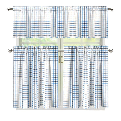 White And Blue Tattersall Pattern Print 3 Piece Kitchen Curtains