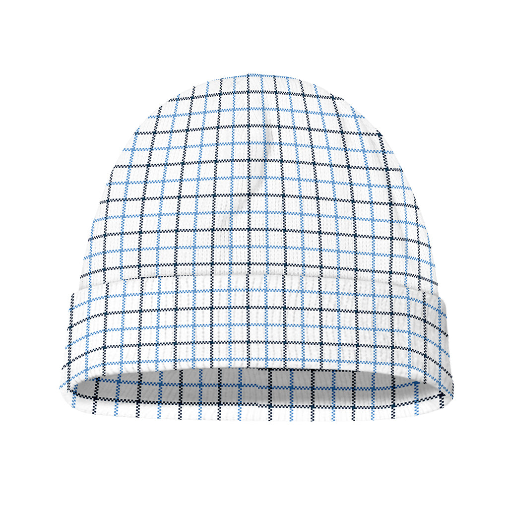 White And Blue Tattersall Pattern Print Beanie